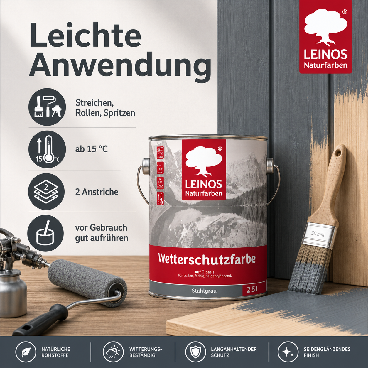 LEINOS Wetterschutzfarbe 2,5 l | Stahlgrau Holzlasur für Holzfassaden Fenster Gartenhäuser| wetterbeständige Deckfarbe für effektive Versiegelung und langanhaltenden Schutz auf Ölbasis im Außenbereich