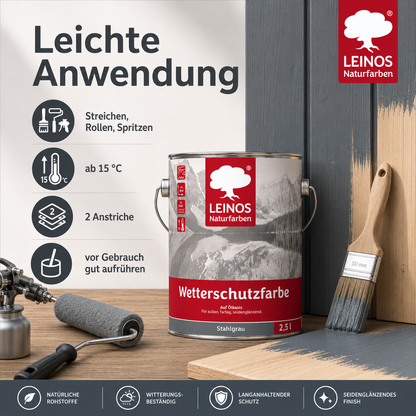 LEINOS Wetterschutzfarbe 2,5 l | Stahlgrau Holzlasur für Holzfassaden Fenster Gartenhäuser| wetterbeständige Deckfarbe für effektive Versiegelung und langanhaltenden Schutz auf Ölbasis im Außenbereich