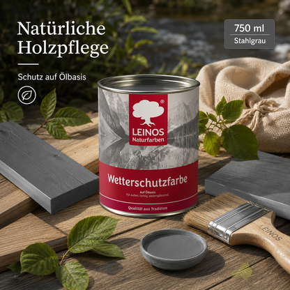 LEINOS Wetterschutzfarbe 750 ml | Stahlgrau Holzlasur für Holzfassaden Fenster Gartenhäuser| wetterbeständige Deckfarbe für effektive Versiegelung und langanhaltenden Schutz auf Ölbasis im Außenbereich