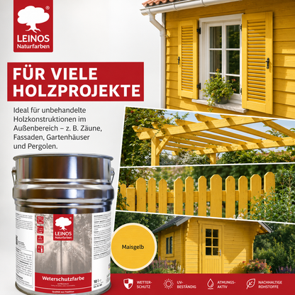LEINOS Wetterschutzfarbe auf Wasserbasis 855 –10,0 l Maisgelb- Lösemittelfreier, matter Anstrich für unbehandelte Holzkonstruktionen im Außenbereich, ideal für sägeraues Holz