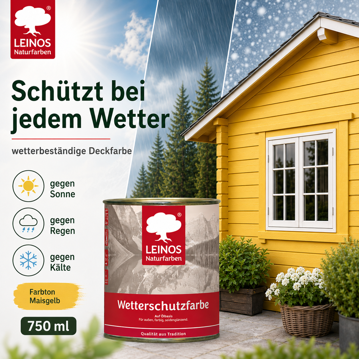 LEINOS Wetterschutzfarbe 2,5 l | Maisgelb Holzlasur für Holzfassaden Fenster Gartenhäuser| wetterbeständige Deckfarbe für effektive Versiegelung und langanhaltenden Schutz auf Ölbasis im Außenbereich