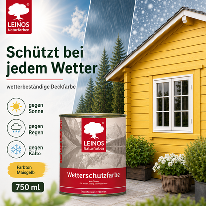LEINOS Wetterschutzfarbe 2,5 l | Maisgelb Holzlasur für Holzfassaden Fenster Gartenhäuser| wetterbeständige Deckfarbe für effektive Versiegelung und langanhaltenden Schutz auf Ölbasis im Außenbereich
