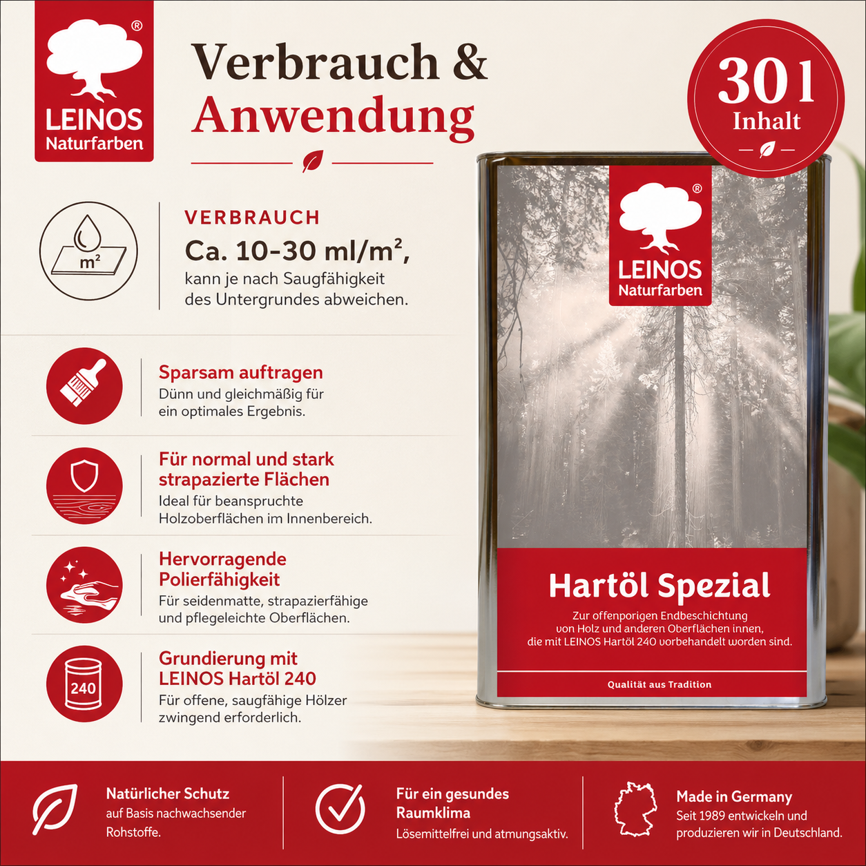 Leinos Spezial Hartöl 30 L | Farbloses Versiegelungsöl | Holzöl für effektive Endbeschichtung und langanhaltenden Schutz im Innenbereich