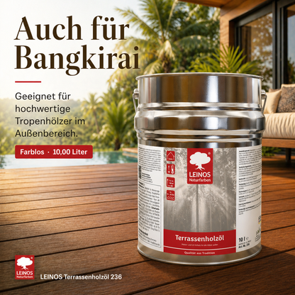 LEINOS Terrassenholzöl 236 | 10,00 Liter | Hochwertiges Holzöl für außen | Für Terrassen, Zäune, Kinderspielgeräte | Farbton: farblos | Tiefer Holzschutz & leichte Anwendung