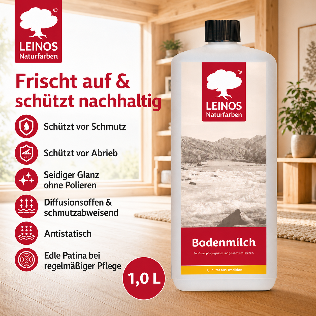 LEINOS 920 Bodenmilch 1 Liter | Pflegemittel für geölte, gewachste und lackierte Fußböden |  Holz, Kork und Linoleum | ergibt seidenglänzende Oberfläche