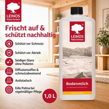 LEINOS 920 Bodenmilch 1 Liter | Pflegemittel für geölte, gewachste und lackierte Fußböden |  Holz, Kork und Linoleum | ergibt seidenglänzende Oberfläche