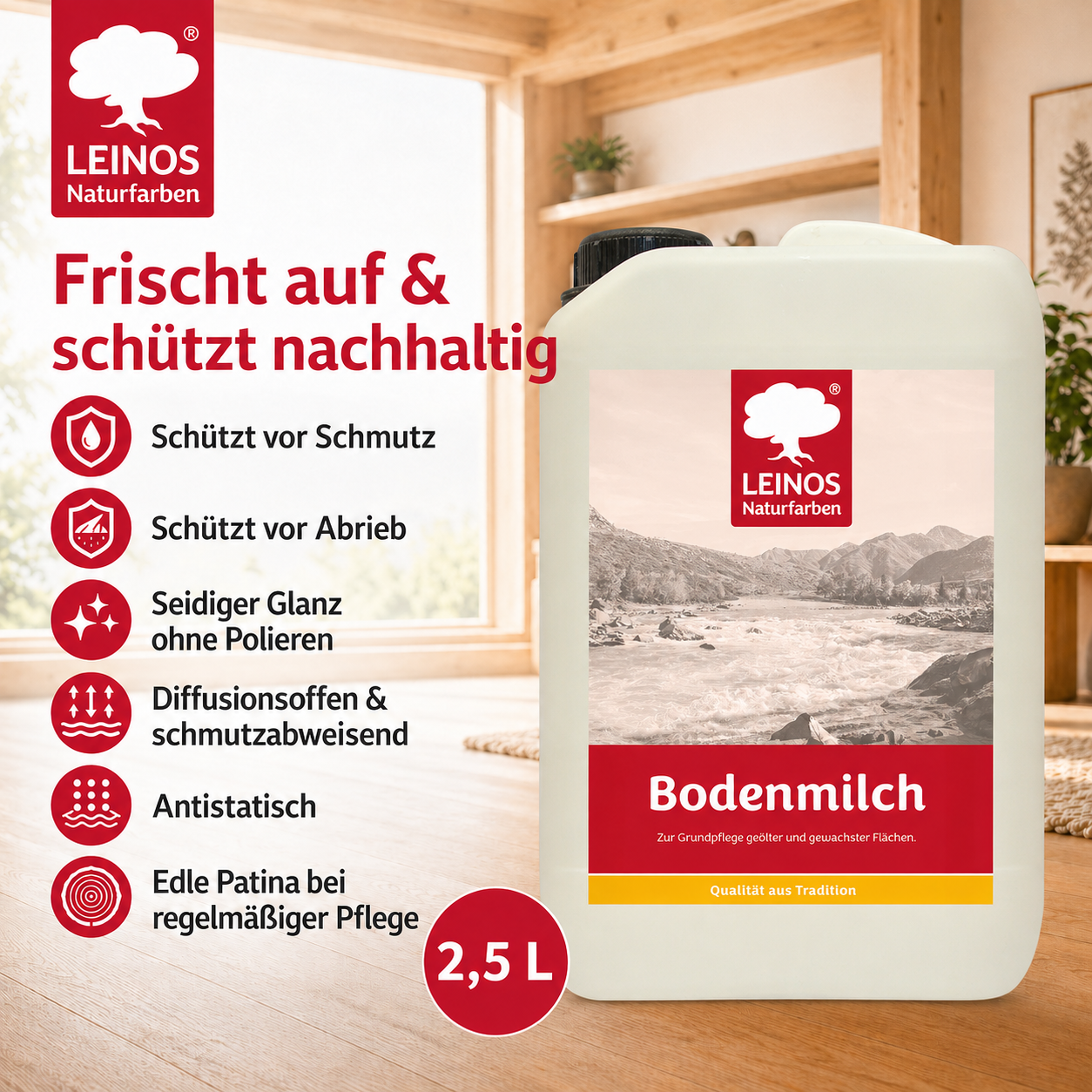 LEINOS 920 Bodenmilch 2,5 Liter | Pflegemittel für geölte, gewachste und lackierte Fußböden |  Holz, Kork und Linoleum | ergibt seidenglänzende Oberfläche