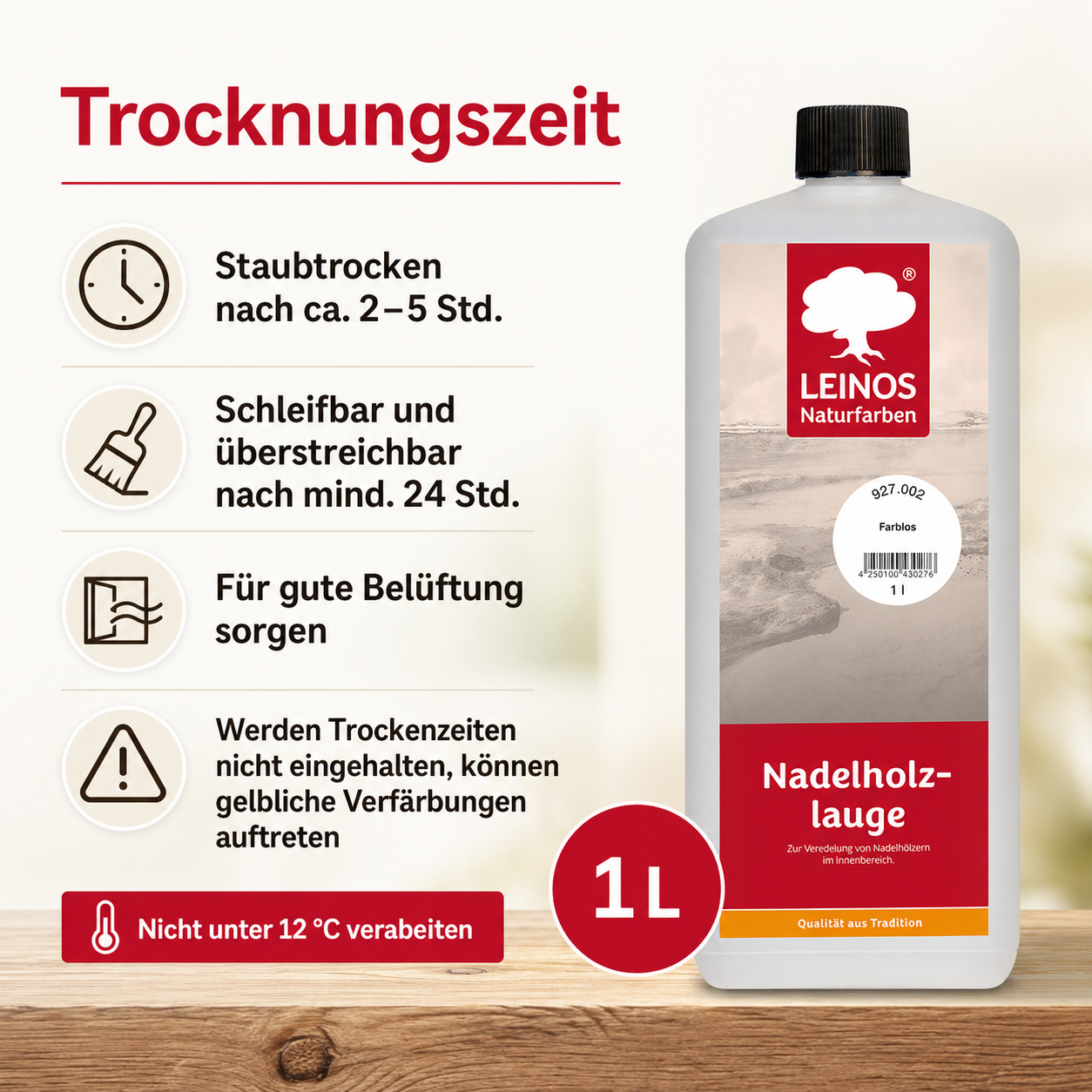 LEINOS 927 Nadelholzlauge 1,00 l Farblos | Zur Veredelung von Nadelhölzern im Innenbereich |  für Fußböden, Wände, Decken, Türen, Möbel