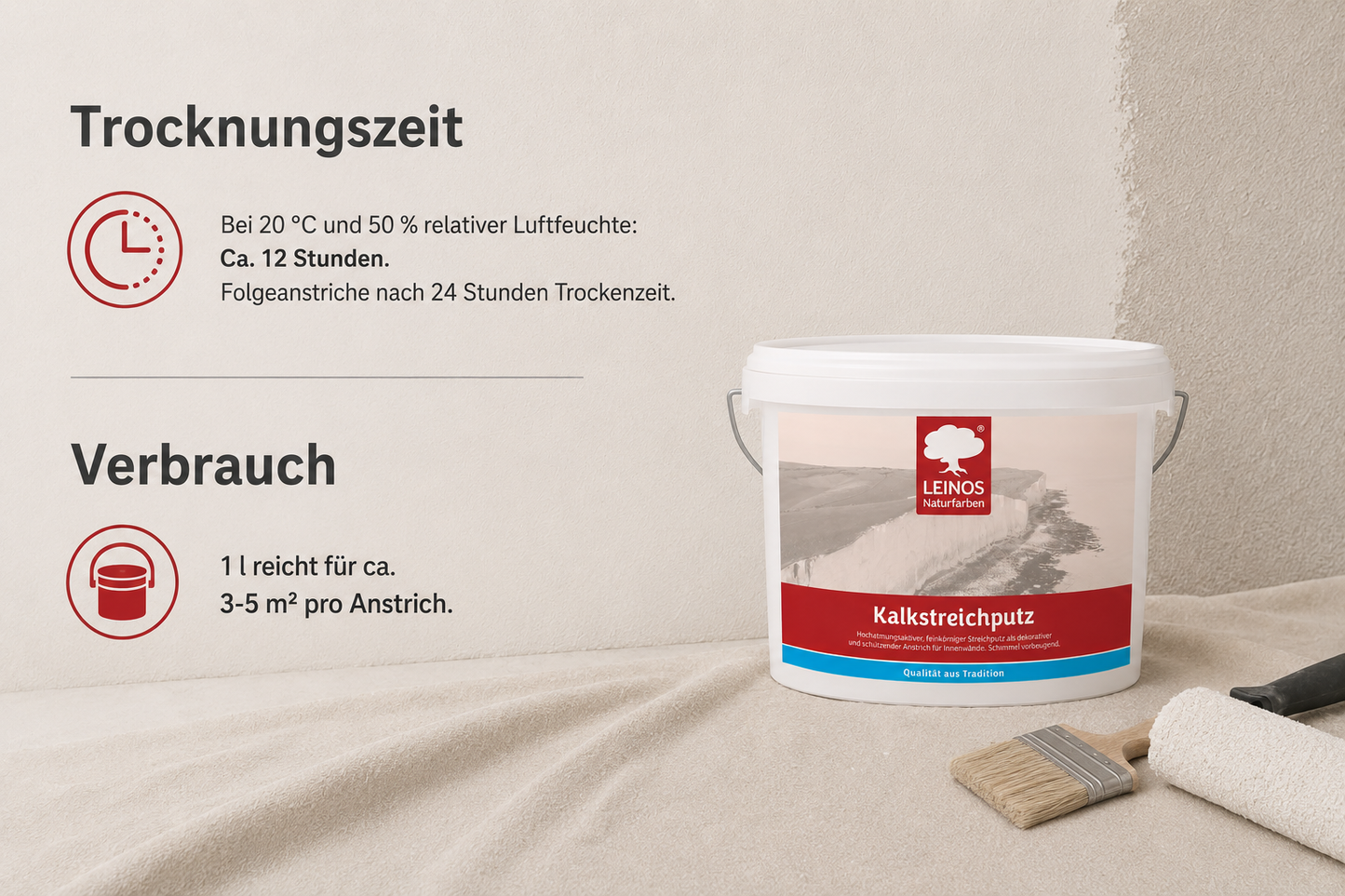 Kalkstreichputz 10,0 Liter für ca. 15–25 m² bei 2 Anstrichen, hochatmungsaktiver feinkörniger Streichputz, feuchtigkeitsregulierend, schimmelvorbeugend, für Feuchträume und Innenräume geeignet