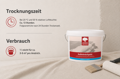 Kalkstreichputz 10,0 Liter für ca. 15–25 m² bei 2 Anstrichen, hochatmungsaktiver feinkörniger Streichputz, feuchtigkeitsregulierend, schimmelvorbeugend, für Feuchträume und Innenräume geeignet