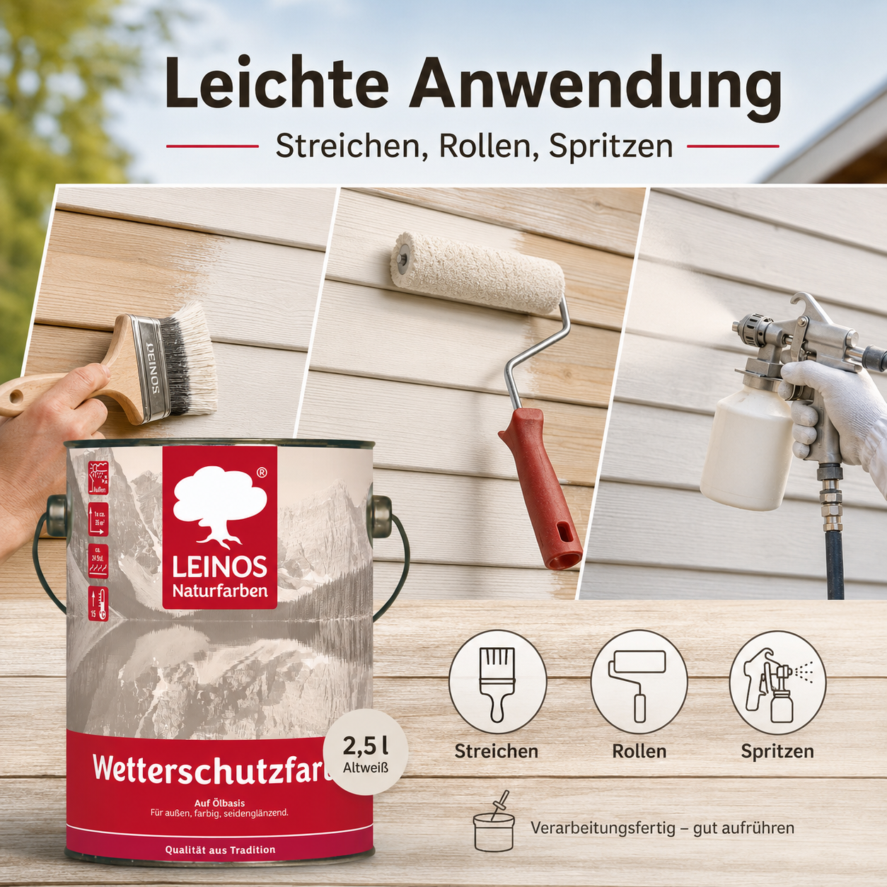 LEINOS Wetterschutzfarbe 2,5 l | Altweiß Holzlasur für Holzfassaden Fenster Gartenhäuser| wetterbeständige Deckfarbe für effektive Versiegelung und langanhaltenden Schutz auf Ölbasis im Außenbereich
