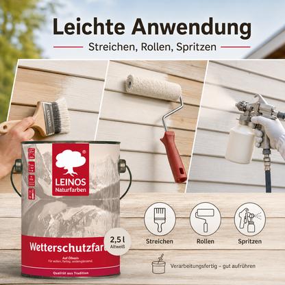 LEINOS Wetterschutzfarbe 2,5 l | Altweiß Holzlasur für Holzfassaden Fenster Gartenhäuser| wetterbeständige Deckfarbe für effektive Versiegelung und langanhaltenden Schutz auf Ölbasis im Außenbereich