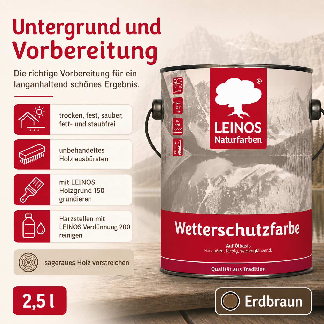 LEINOS Wetterschutzfarbe 2,5 l | Erdbraun Holzlasur für Holzfassaden Fenster Gartenhäuser| wetterbeständige Deckfarbe für effektive Versiegelung und langanhaltenden Schutz auf Ölbasis im Außenbereich