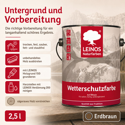 LEINOS Wetterschutzfarbe 2,5 l | Erdbraun Holzlasur für Holzfassaden Fenster Gartenhäuser| wetterbeständige Deckfarbe für effektive Versiegelung und langanhaltenden Schutz auf Ölbasis im Außenbereich