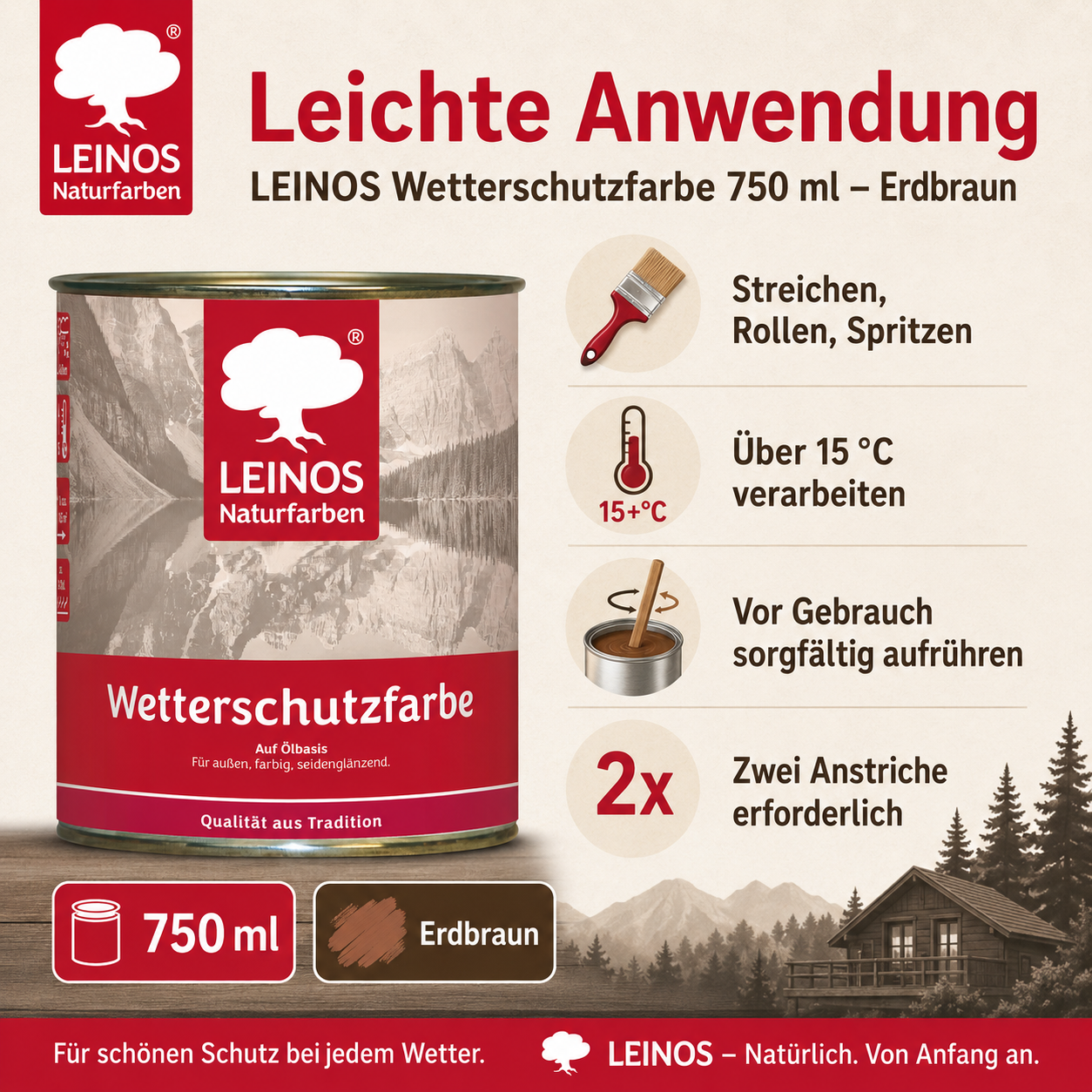 LEINOS Wetterschutzfarbe 750 ml | Erdbraun Holzlasur für Holzfassaden Fenster Gartenhäuser| wetterbeständige Deckfarbe für effektive Versiegelung und langanhaltenden Schutz auf Ölbasis im Außenbereich