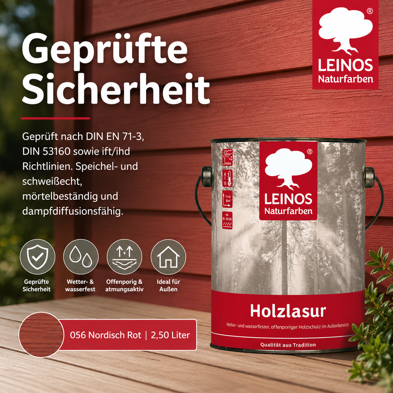 Wetterfeste Holzlasur für Außen 056 Nordisch Rot 2,50 Liter - offenporiger Holzschutz mit Filmschutz gegen Pilzbefall - für Fenster, Türen, Zäune & Pergolen - wasserabweisend, lasierend