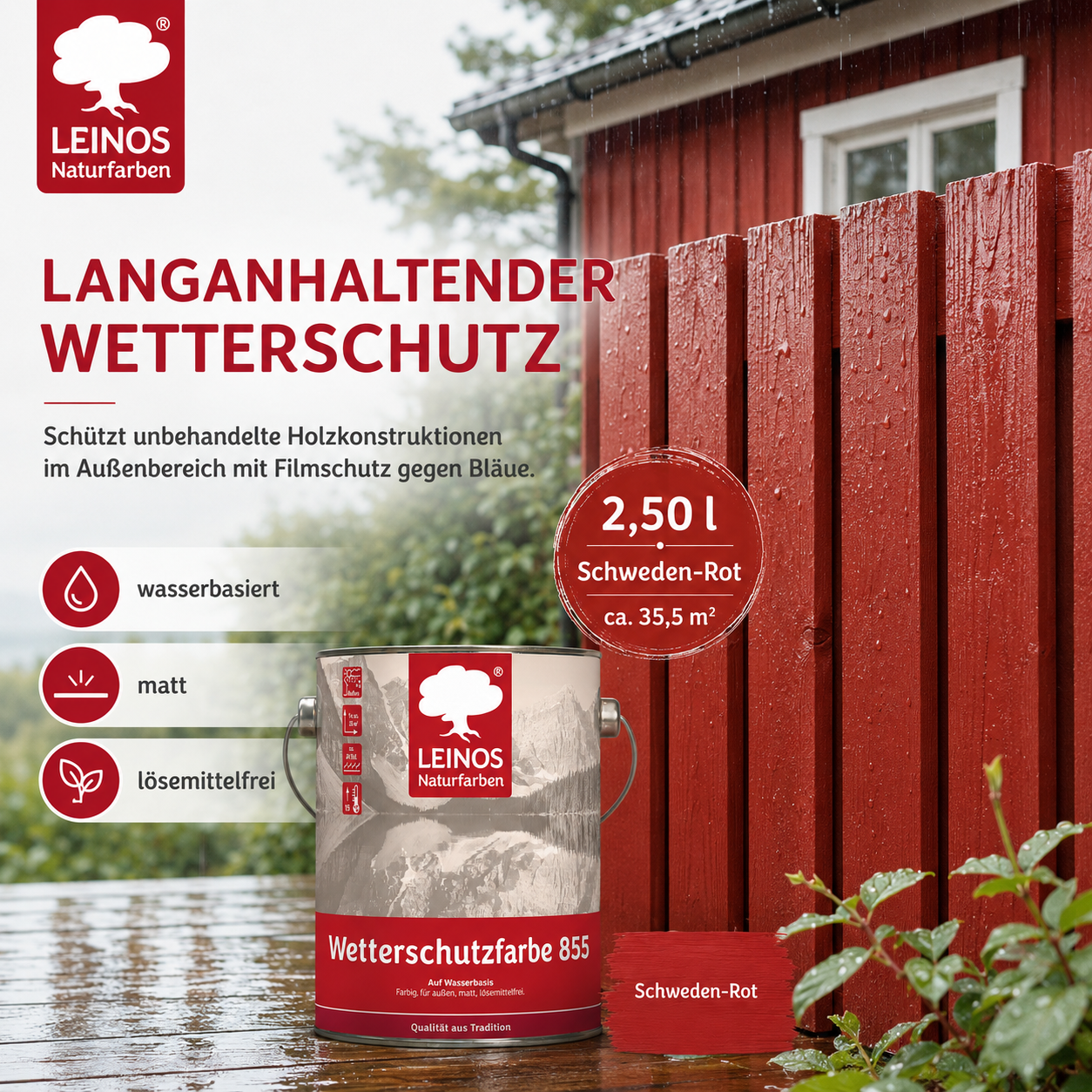 LEINOS Wetterschutzfarbe auf Wasserbasis 855 –2,5 l Schweden-Rot- Lösemittelfreier, matter Anstrich für unbehandelte Holzkonstruktionen im Außenbereich, ideal für sägeraues Holz