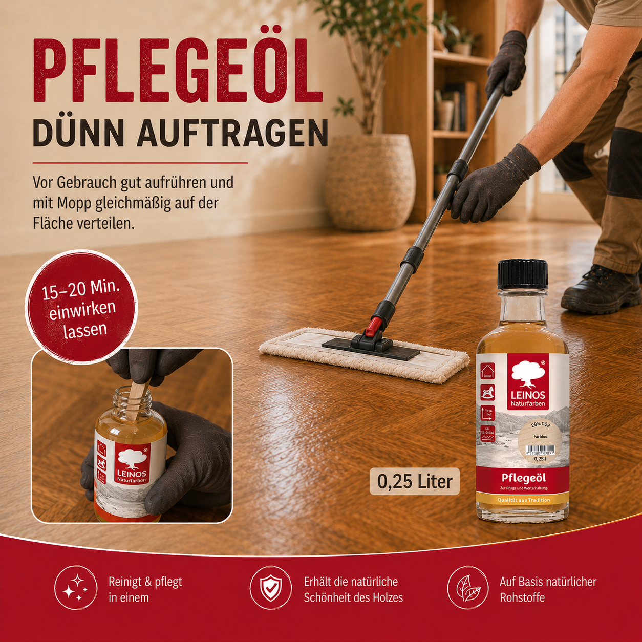 LEINOS Pflegeöl 285 | 0,25 L farblos (002) | Für alle geölten & gewachsten Holz-, Kork- & Linoleumflächen | Schutz gegen Laufstraßen | Seidenmatt & wasserabweisend | Innenbereich