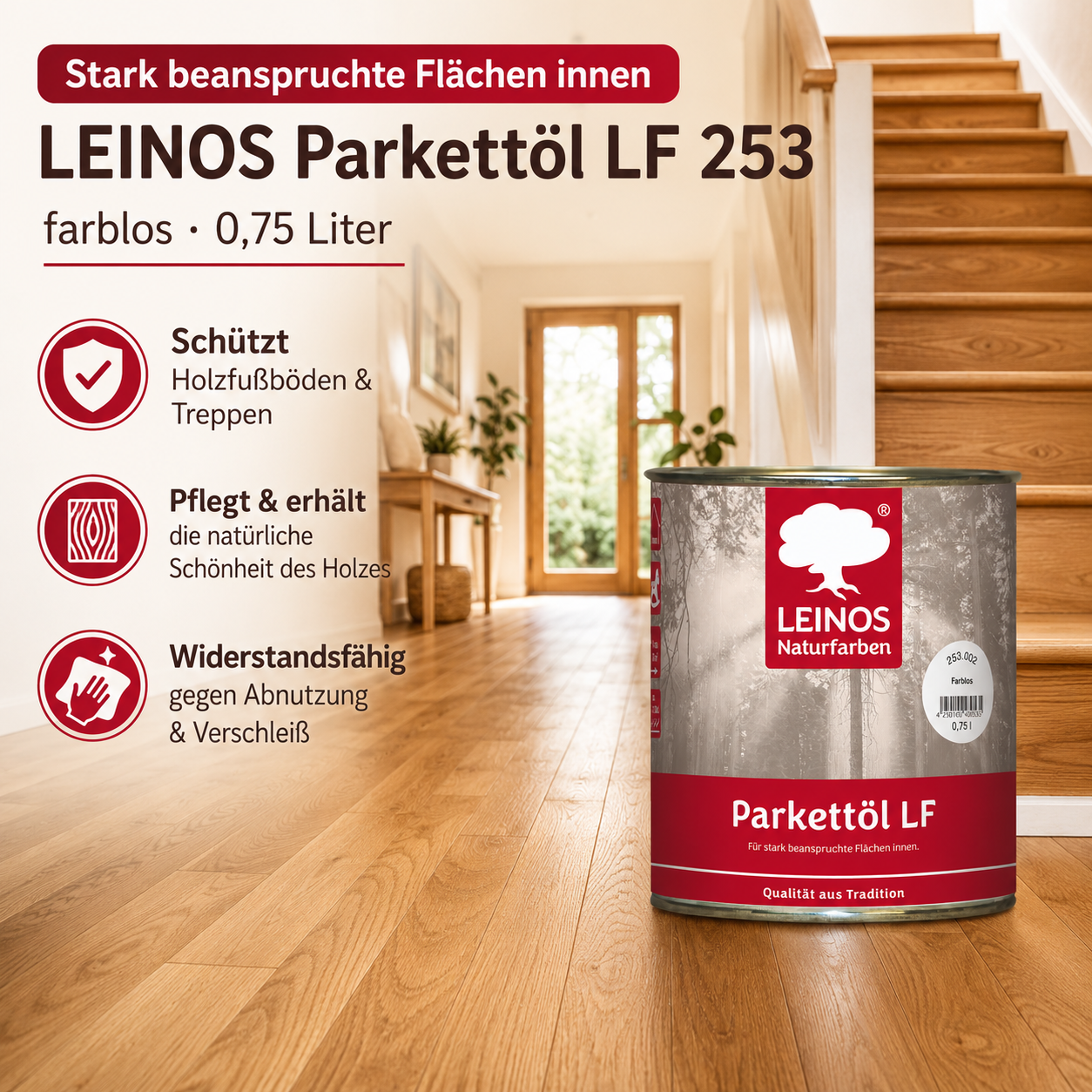 LEINOS Parkettöl LF 253 farblos 0,75 L – Lösemittelfreies Naturöl für Holzfußböden, offenporig & atmungsaktiv, schützt Parkett, Dielen & Massivholz im Innenbereich, betont die natürliche Maserung