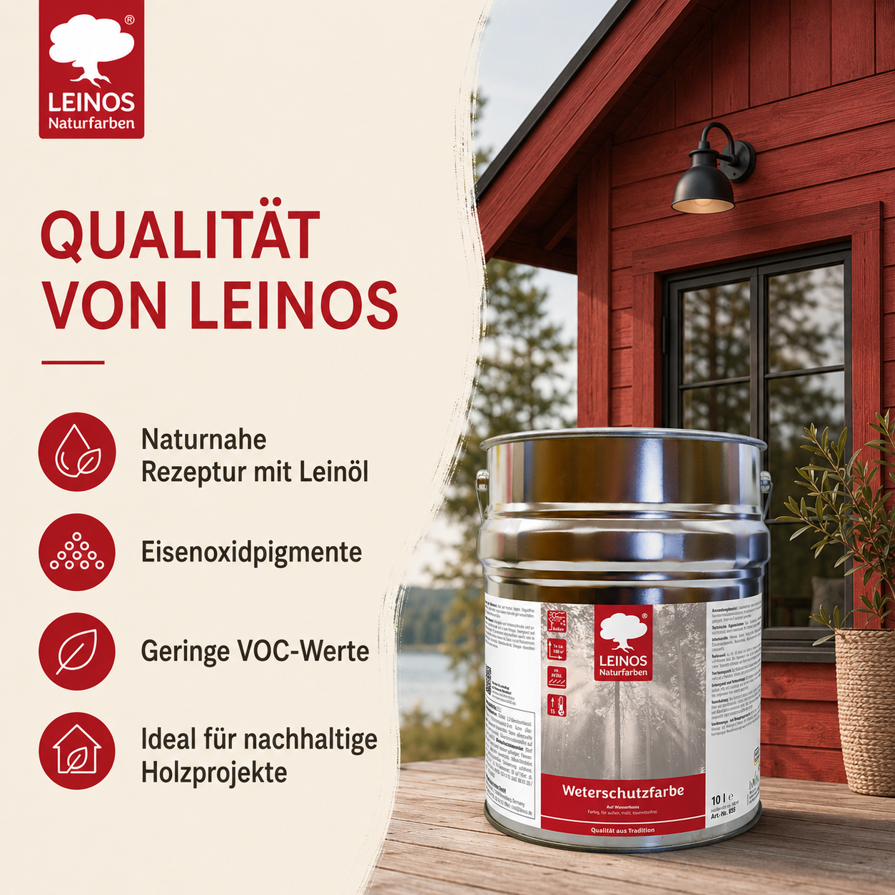 LEINOS Wetterschutzfarbe auf Wasserbasis 855 –2,5 l Schweden-Rot- Lösemittelfreier, matter Anstrich für unbehandelte Holzkonstruktionen im Außenbereich, ideal für sägeraues Holz
