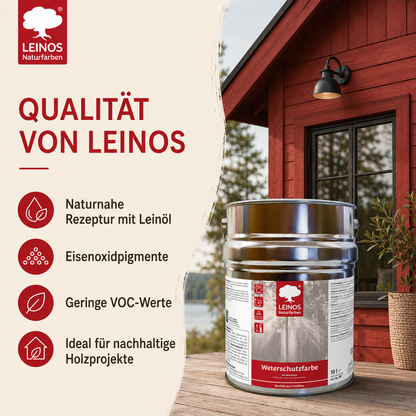 LEINOS Wetterschutzfarbe auf Wasserbasis 855 –10,0 l Schweden-Rot- Lösemittelfreier, matter Anstrich für unbehandelte Holzkonstruktionen im Außenbereich, ideal für sägeraues Holz