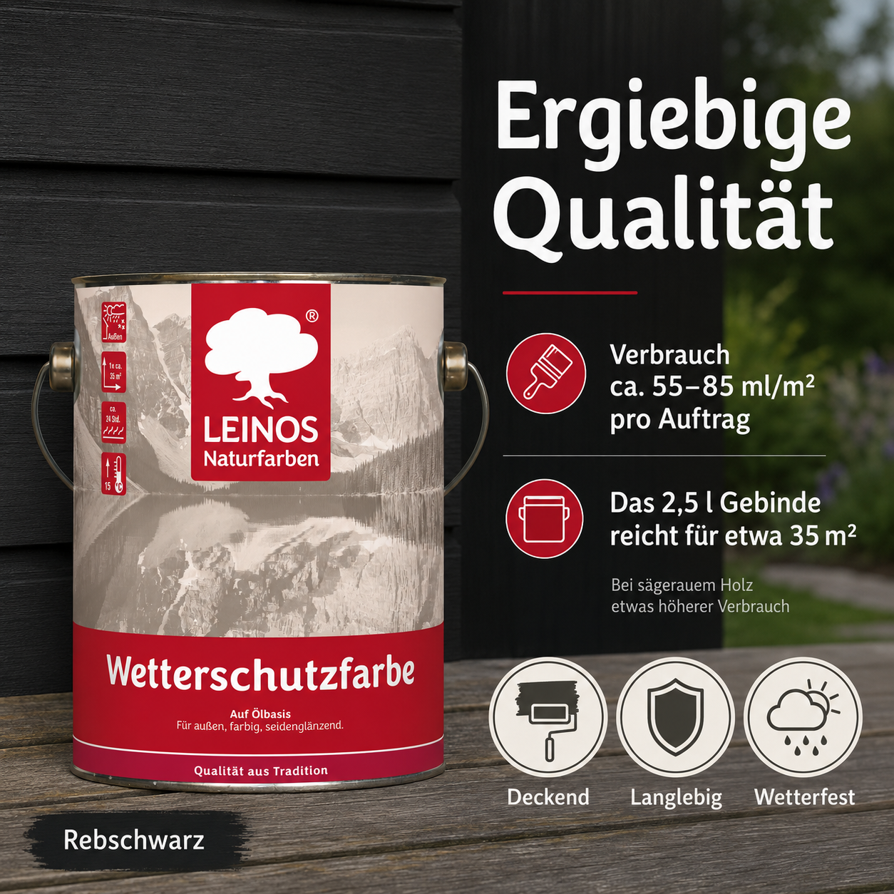 LEINOS Wetterschutzfarbe 2,5 l | Rebschwarz Holzlasur für Holzfassaden Fenster Gartenhäuser| wetterbeständige Deckfarbe für effektive Versiegelung und langanhaltenden Schutz auf Ölbasis im Außenbereich