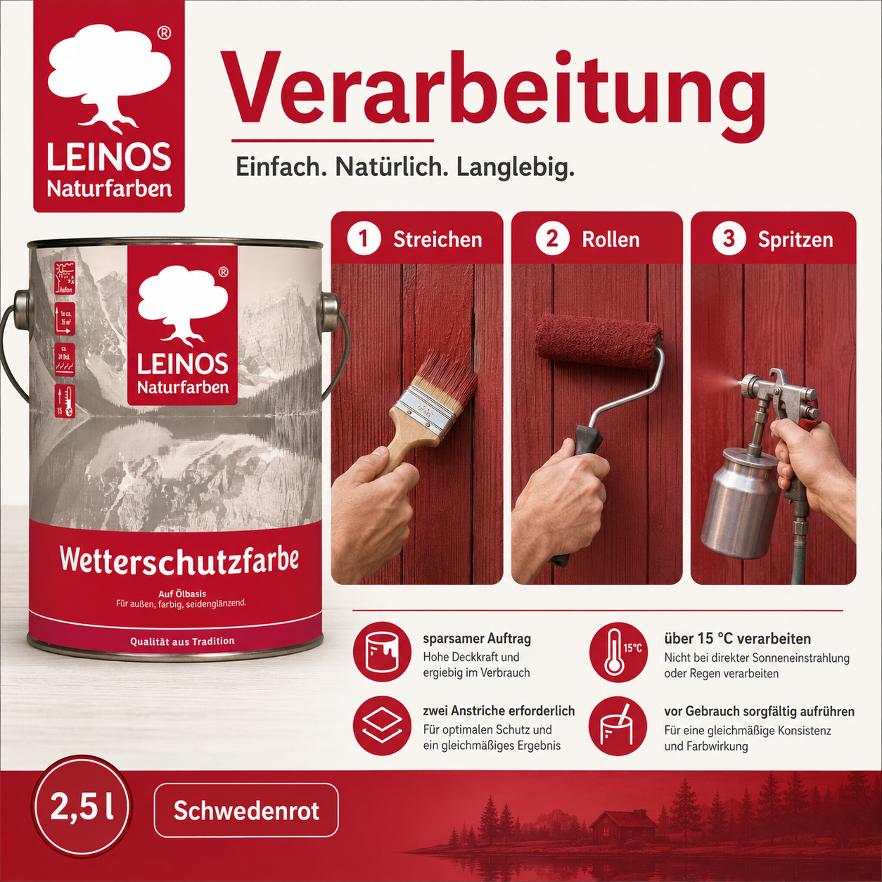 LEINOS Wetterschutzfarbe 2,5 l | Schwedenrot Holzlasur für Holzfassaden Fenster Gartenhäuser| wetterbeständige Deckfarbe für effektive Versiegelung und langanhaltenden Schutz auf Ölbasis im Außenbereich
