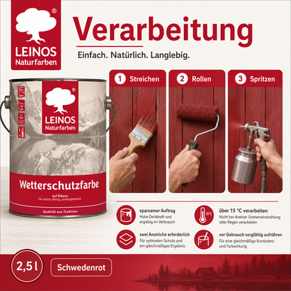 LEINOS Wetterschutzfarbe 2,5 l | Schwedenrot Holzlasur für Holzfassaden Fenster Gartenhäuser| wetterbeständige Deckfarbe für effektive Versiegelung und langanhaltenden Schutz auf Ölbasis im Außenbereich