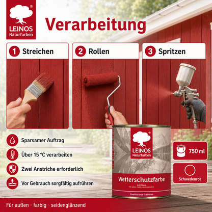 LEINOS Wetterschutzfarbe 750 ml | Schwedenrot Holzlasur für Holzfassaden Fenster Gartenhäuser| wetterbeständige Deckfarbe für effektive Versiegelung und langanhaltenden Schutz auf Ölbasis im Außenbereich