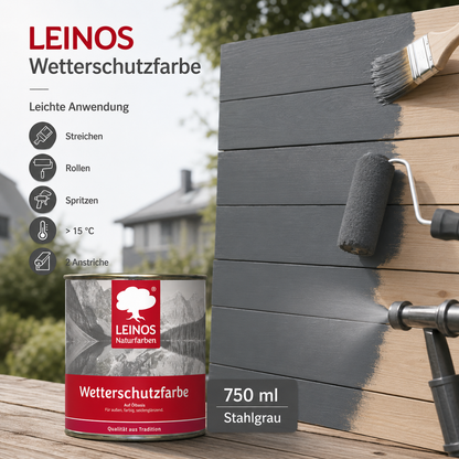 LEINOS Wetterschutzfarbe 750 ml | Stahlgrau Holzlasur für Holzfassaden Fenster Gartenhäuser| wetterbeständige Deckfarbe für effektive Versiegelung und langanhaltenden Schutz auf Ölbasis im Außenbereich