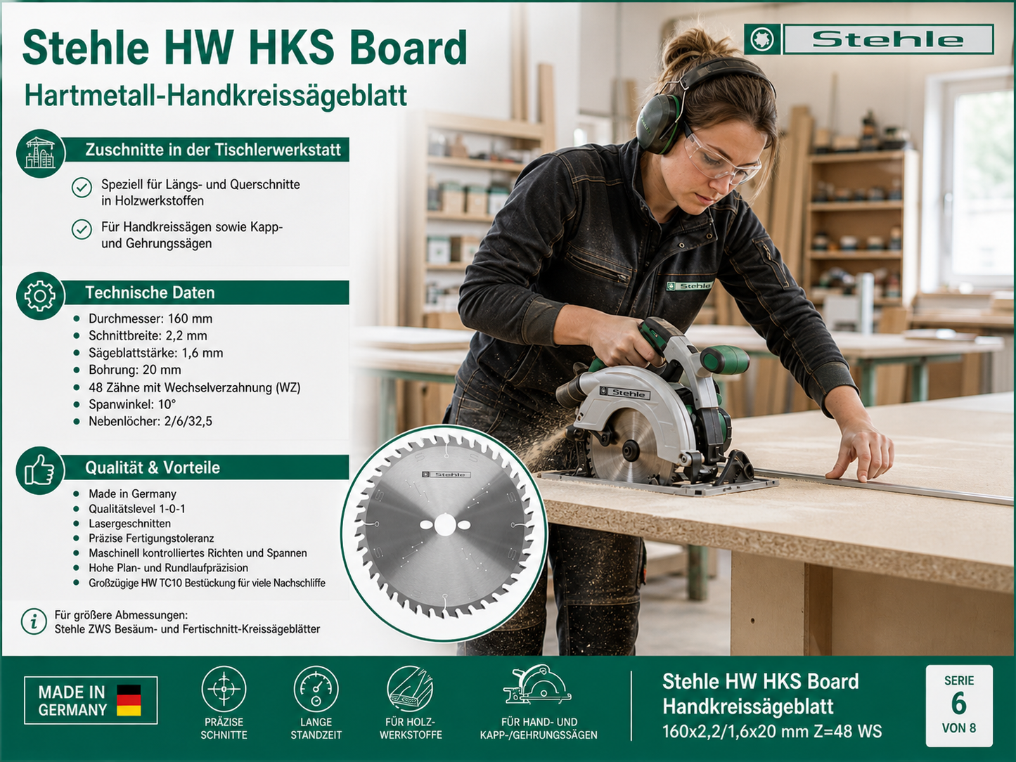Stehle HW HKS Board Handkreissägeblatt 160x2,2x20mm Z=48 WS | Wechselverzahnung ist speziell für Längs- und Querschnitte | Großzügige HW TC10 Bestückung für viele Nachschliffe