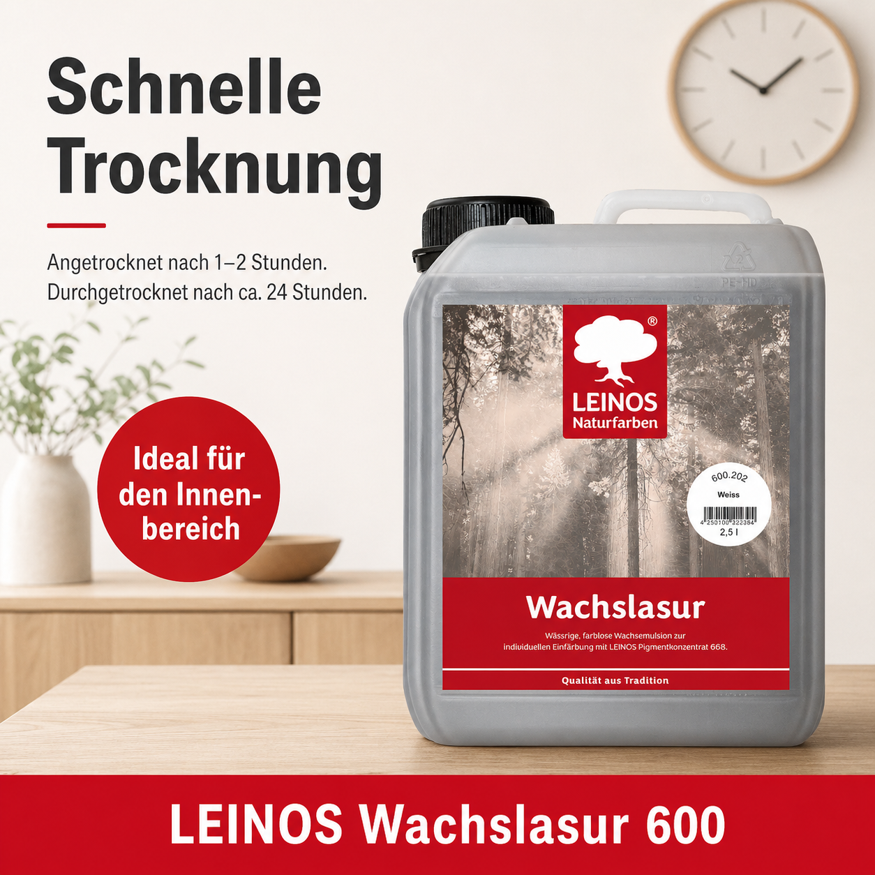 Leinos 600 Wachslasur für Innen 202 Weiß 2,5 l – wässrige Holzlasur für Möbel, Holzdecken, Wandverkleidungen und Kinderspielzeug im Innenbereich, weiß