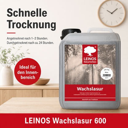 Leinos 600 Wachslasur für Innen 202 Weiß 2,5 l – wässrige Holzlasur für Möbel, Holzdecken, Wandverkleidungen und Kinderspielzeug im Innenbereich, weiß