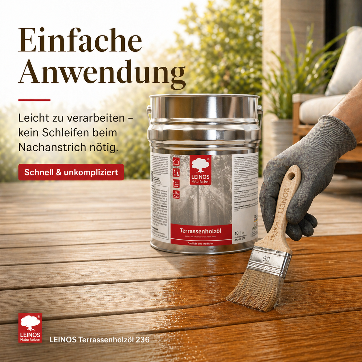 LEINOS Terrassenholzöl 236 | 10,00 Liter | Hochwertiges Holzöl für außen | Für Terrassen, Zäune, Kinderspielgeräte | Farbton: farblos | Tiefer Holzschutz & leichte Anwendung