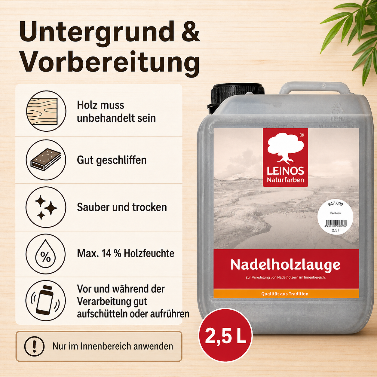 LEINOS 927 Nadelholzlauge 2,50 l weiss | Zur Veredelung von Nadelhölzern im Innenbereich |  für Fußböden, Wände, Decken, Türen, Möbel