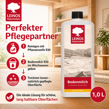 LEINOS 920 Bodenmilch 1 Liter | Pflegemittel für geölte, gewachste und lackierte Fußböden |  Holz, Kork und Linoleum | ergibt seidenglänzende Oberfläche