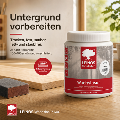 Leinos 600 Wachslasur für Innen 002 Farblos 0,75 l – wässrige Holzlasur für Möbel, Holzdecken, Wandverkleidungen und Kinderspielzeug im Innenbereich, farblos, pigmentierbar, leicht aufzutragen