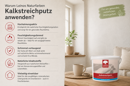Kalkstreichputz 10,0 Liter für ca. 15–25 m² bei 2 Anstrichen, hochatmungsaktiver feinkörniger Streichputz, feuchtigkeitsregulierend, schimmelvorbeugend, für Feuchträume und Innenräume geeignet