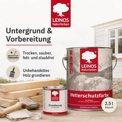 LEINOS Wetterschutzfarbe 2,5 l | Altweiß Holzlasur für Holzfassaden Fenster Gartenhäuser| wetterbeständige Deckfarbe für effektive Versiegelung und langanhaltenden Schutz auf Ölbasis im Außenbereich