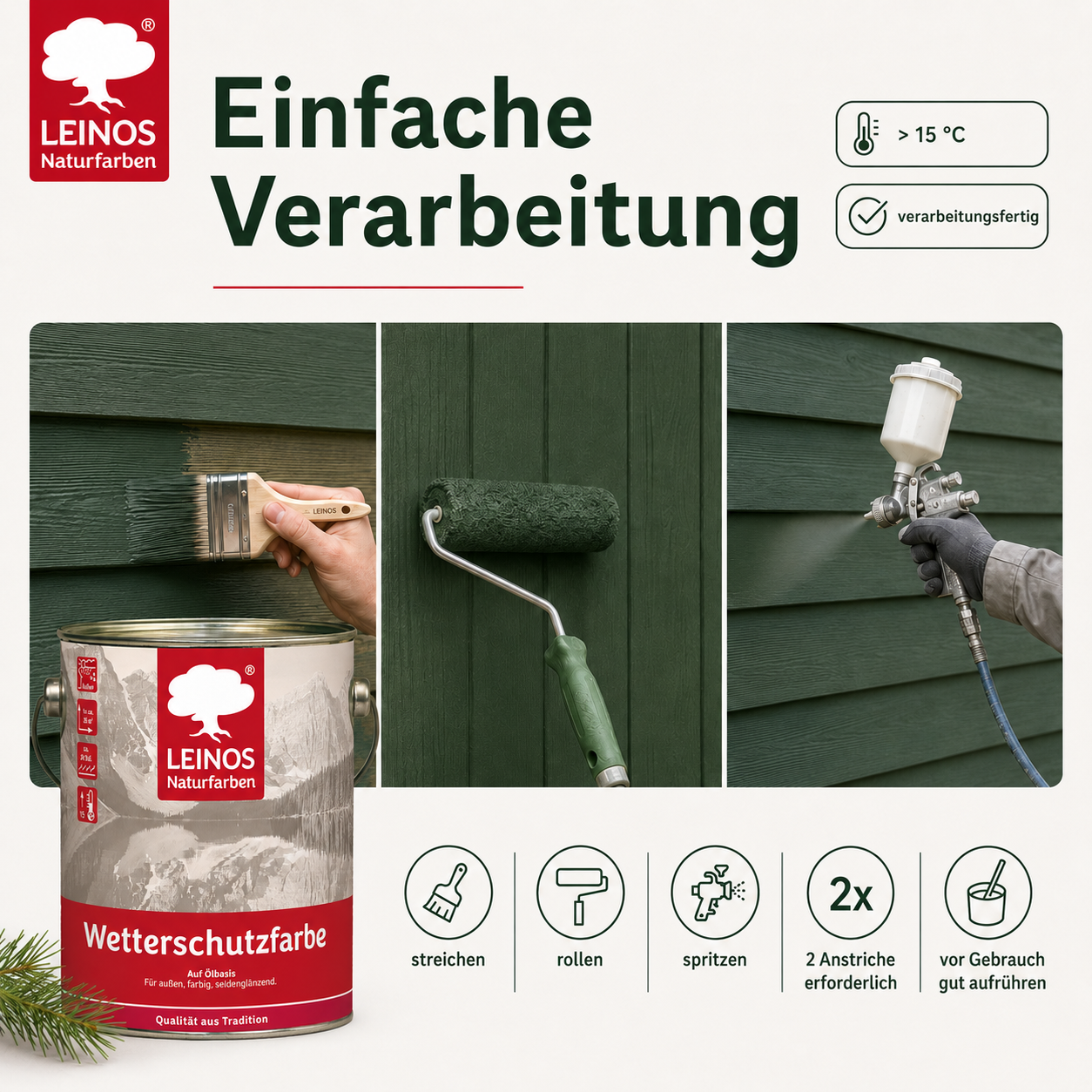 LEINOS Wetterschutzfarbe 2,5 l | Tannengrün Holzlasur für Holzfassaden Fenster Gartenhäuser| wetterbeständige Deckfarbe für effektive Versiegelung und langanhaltenden Schutz auf Ölbasis im Außenbereich