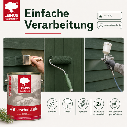 LEINOS Wetterschutzfarbe 2,5 l | Tannengrün Holzlasur für Holzfassaden Fenster Gartenhäuser| wetterbeständige Deckfarbe für effektive Versiegelung und langanhaltenden Schutz auf Ölbasis im Außenbereich