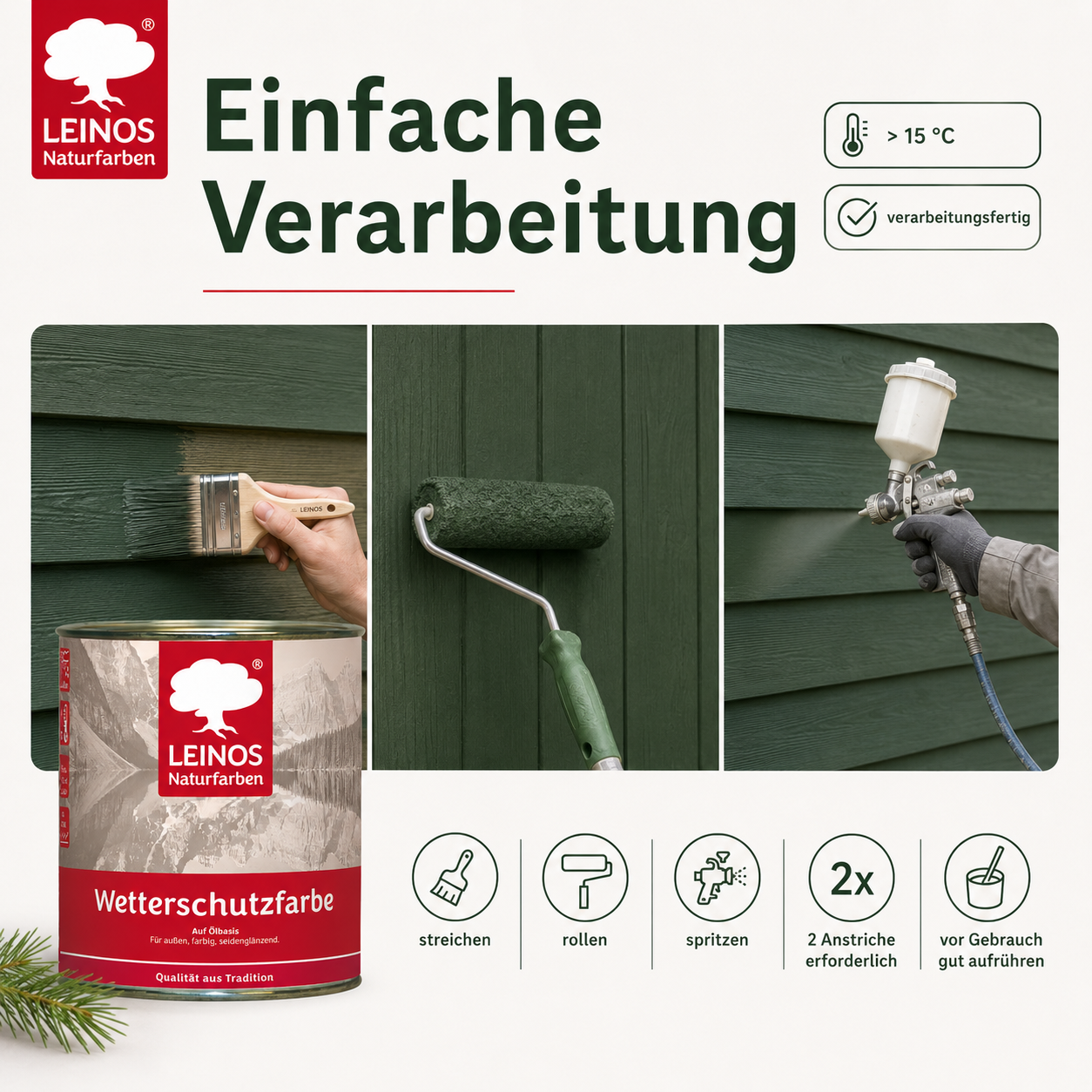 LEINOS Wetterschutzfarbe 750 ml | Tannengrün Holzlasur für Holzfassaden Fenster Gartenhäuser| wetterbeständige Deckfarbe für effektive Versiegelung und langanhaltenden Schutz auf Ölbasis im Außenbereich