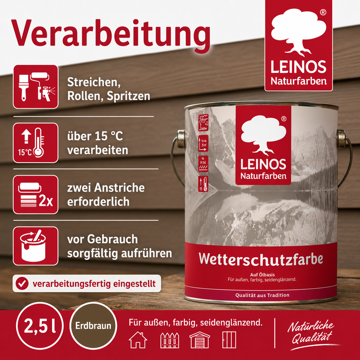 LEINOS Wetterschutzfarbe 2,5 l | Erdbraun Holzlasur für Holzfassaden Fenster Gartenhäuser| wetterbeständige Deckfarbe für effektive Versiegelung und langanhaltenden Schutz auf Ölbasis im Außenbereich