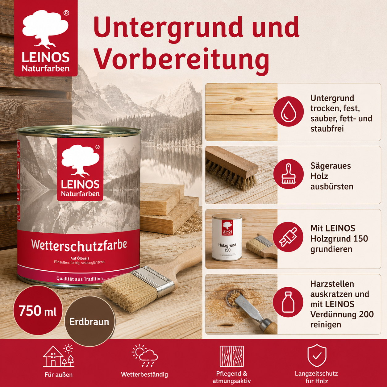 LEINOS Wetterschutzfarbe 750 ml | Erdbraun Holzlasur für Holzfassaden Fenster Gartenhäuser| wetterbeständige Deckfarbe für effektive Versiegelung und langanhaltenden Schutz auf Ölbasis im Außenbereich