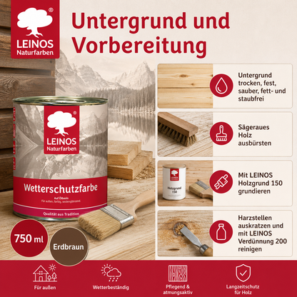 LEINOS Wetterschutzfarbe 750 ml | Erdbraun Holzlasur für Holzfassaden Fenster Gartenhäuser| wetterbeständige Deckfarbe für effektive Versiegelung und langanhaltenden Schutz auf Ölbasis im Außenbereich