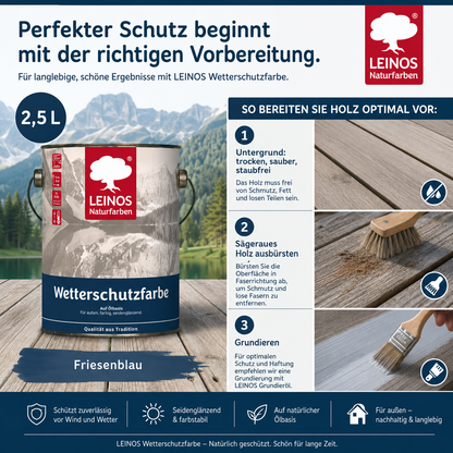 LEINOS Wetterschutzfarbe 2,5 l | Friesenblau Holzlasur für Holzfassaden Fenster Gartenhäuser| wetterbeständige Deckfarbe für effektive Versiegelung und langanhaltenden Schutz auf Ölbasis im Außenbereich