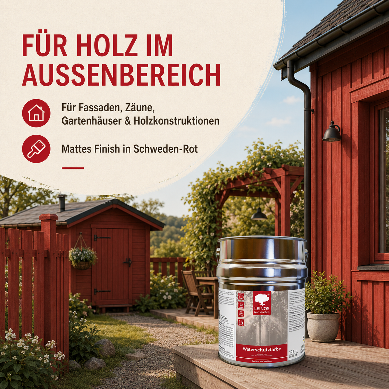 LEINOS Wetterschutzfarbe auf Wasserbasis 855 –2,5 l Schweden-Rot- Lösemittelfreier, matter Anstrich für unbehandelte Holzkonstruktionen im Außenbereich, ideal für sägeraues Holz