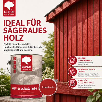 LEINOS Wetterschutzfarbe auf Wasserbasis 855 –2,5 l Schweden-Rot- Lösemittelfreier, matter Anstrich für unbehandelte Holzkonstruktionen im Außenbereich, ideal für sägeraues Holz
