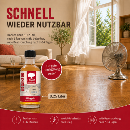 LEINOS Pflegeöl 285 | 0,25 L farblos (002) | Für alle geölten & gewachsten Holz-, Kork- & Linoleumflächen | Schutz gegen Laufstraßen | Seidenmatt & wasserabweisend | Innenbereich