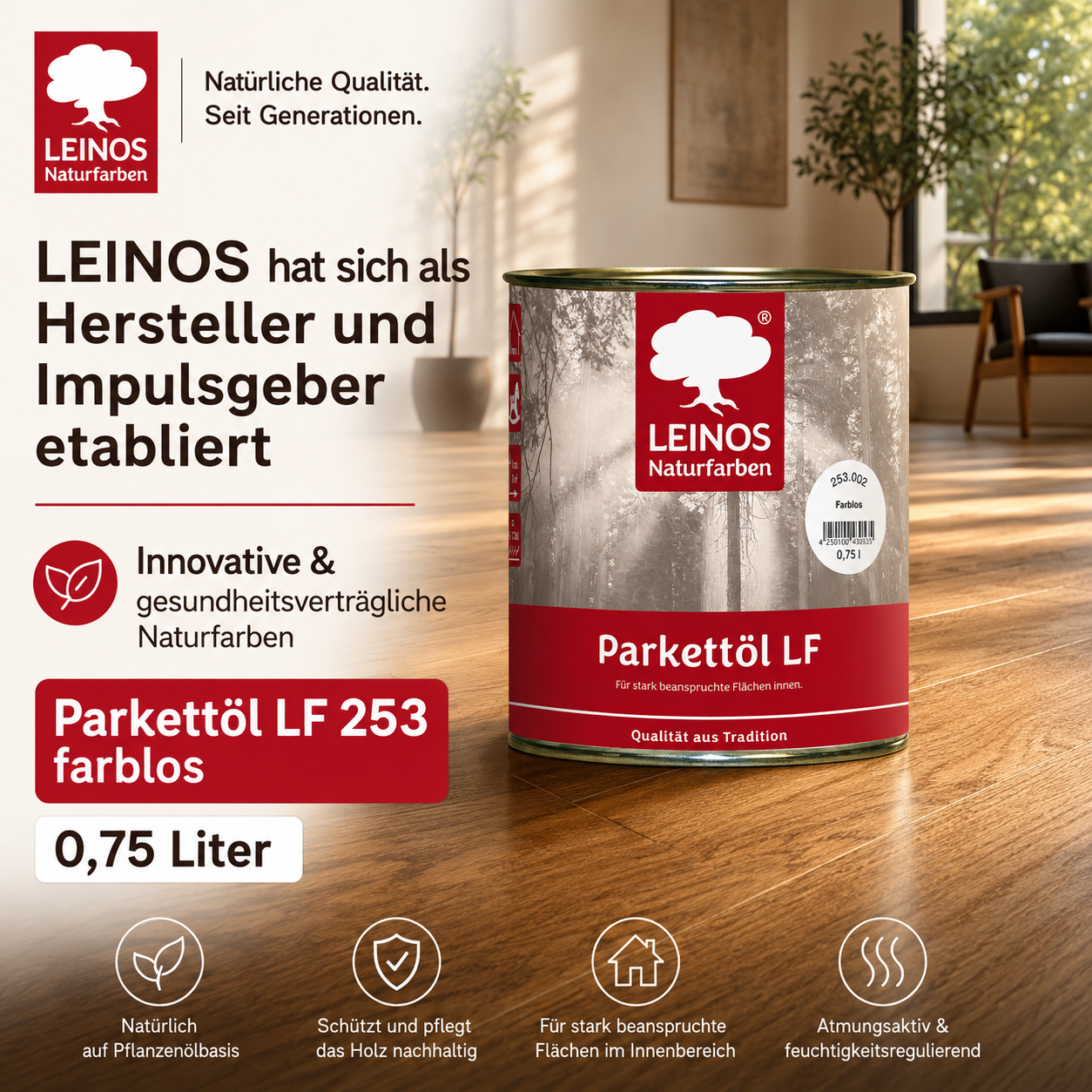 LEINOS Parkettöl LF 253 farblos 0,75 L – Lösemittelfreies Naturöl für Holzfußböden, offenporig & atmungsaktiv, schützt Parkett, Dielen & Massivholz im Innenbereich, betont die natürliche Maserung